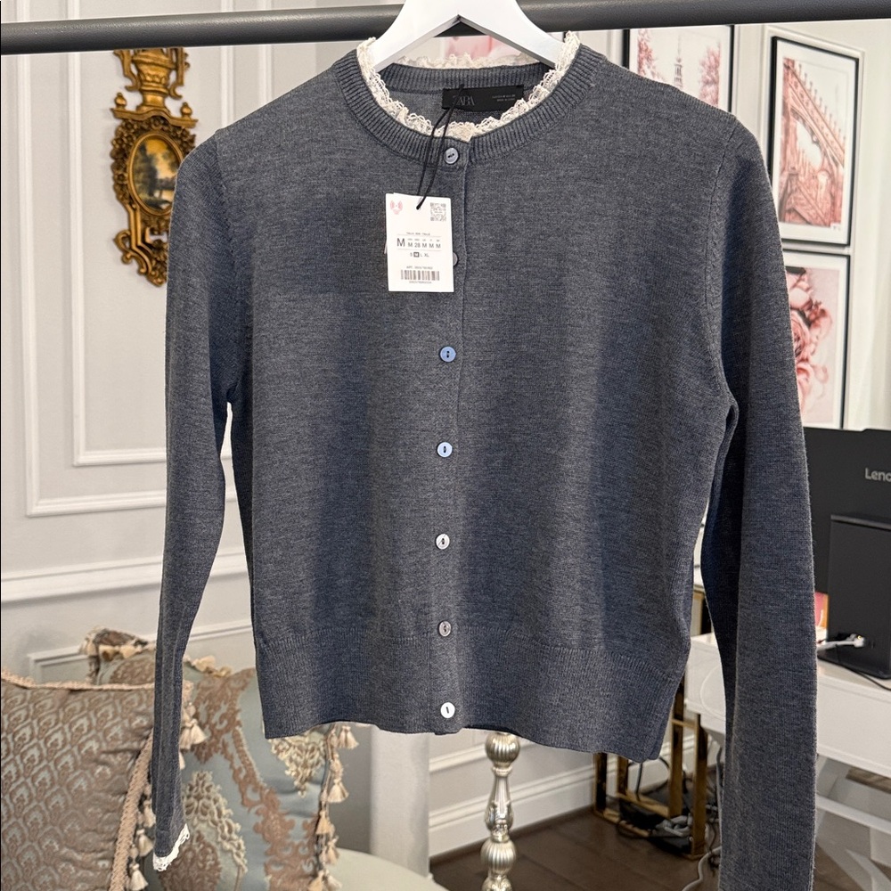 NWT ZARA LACE TRIM KNIT CARDIGAN SIZE M - Picture 5 of 15